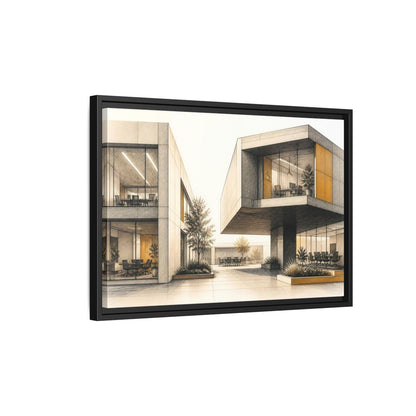 Side Mockup 3. Modern Office Cantilever Atrium shown as framed canvas print