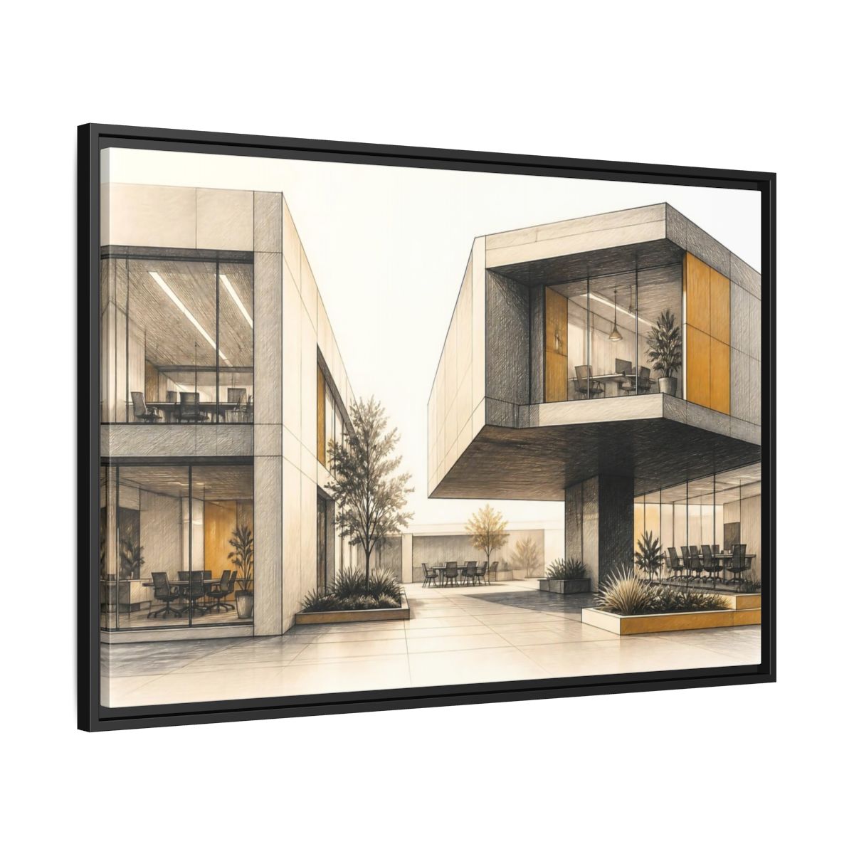 Side Mockup 13. Modern Office Cantilever Atrium shown as framed canvas print