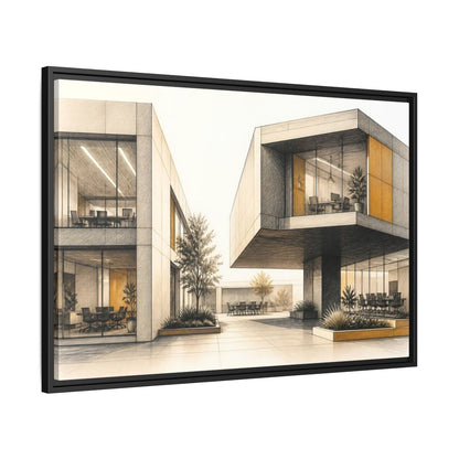Side Mockup 13. Modern Office Cantilever Atrium shown as framed canvas print