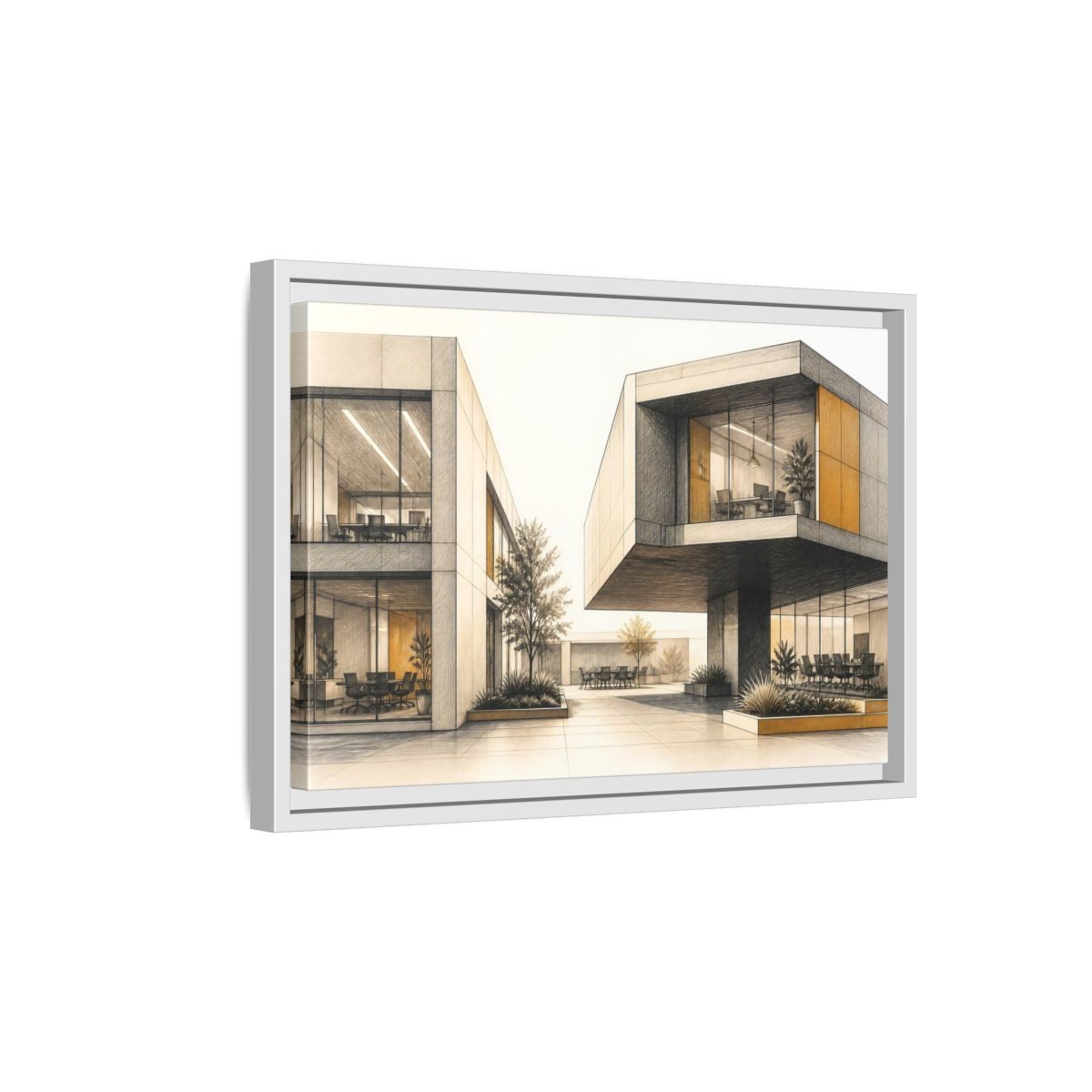 Side Mockup 4. Modern Office Cantilever Atrium shown as framed canvas print
