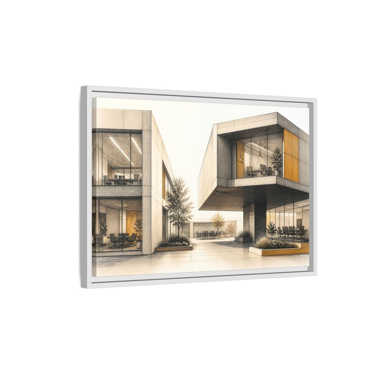 Side Mockup 1. Modern Office Cantilever Atrium shown as framed canvas print