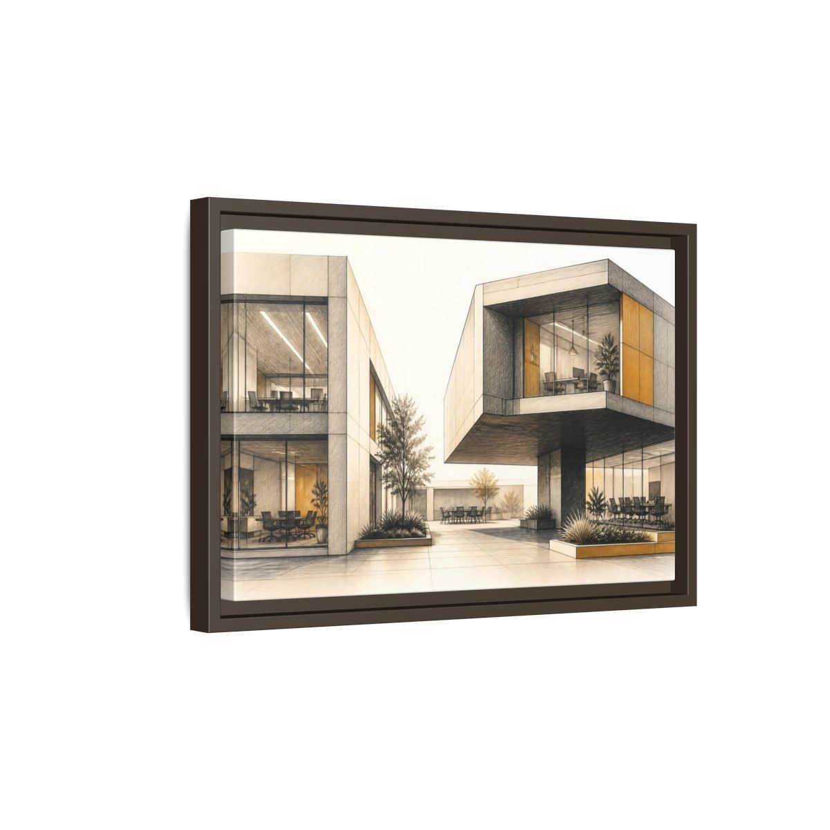 Side Mockup 5. Modern Office Cantilever Atrium shown as framed canvas print