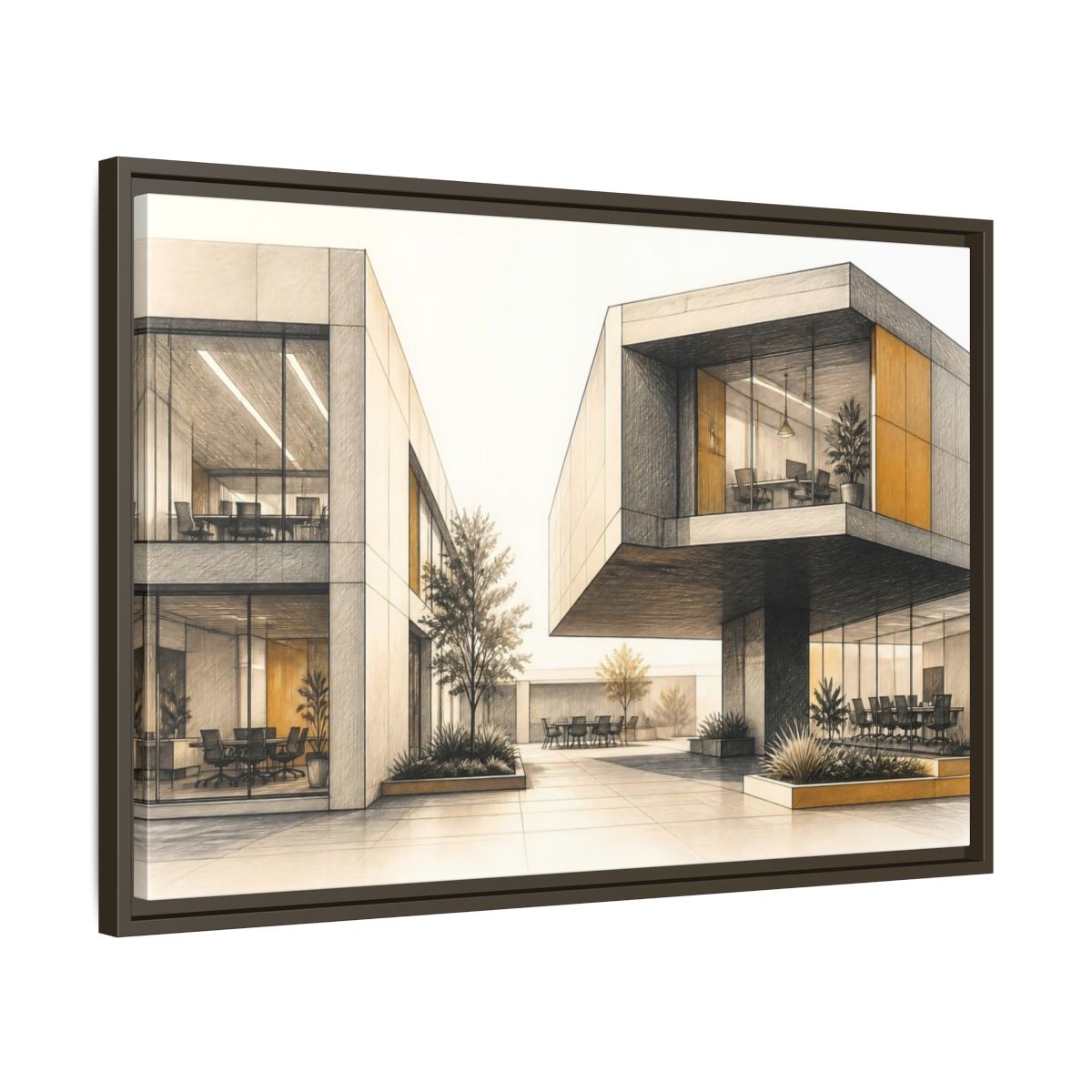Side Mockup 11. Modern Office Cantilever Atrium shown as framed canvas print