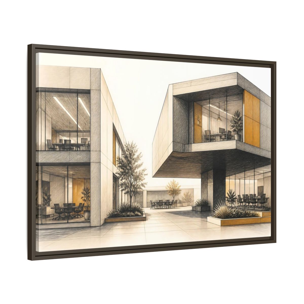 Main Mockup. Modern Office Cantilever Atrium shown as framed canvas print