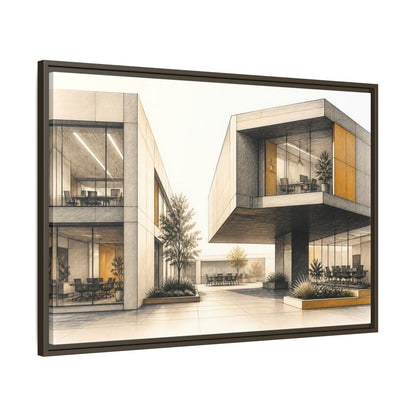 Main Mockup. Modern Office Cantilever Atrium shown as framed canvas print