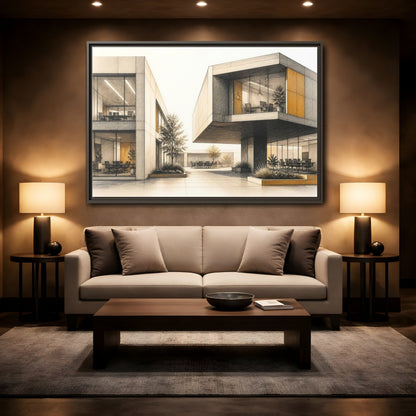 Mockup 2. Modern Office Cantilever Atrium shown as framed canvas print