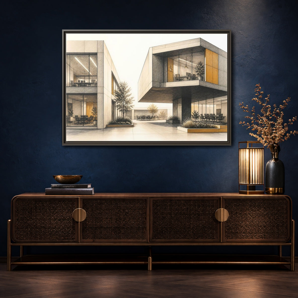 Mockup 4. Modern Office Cantilever Atrium shown as framed canvas print