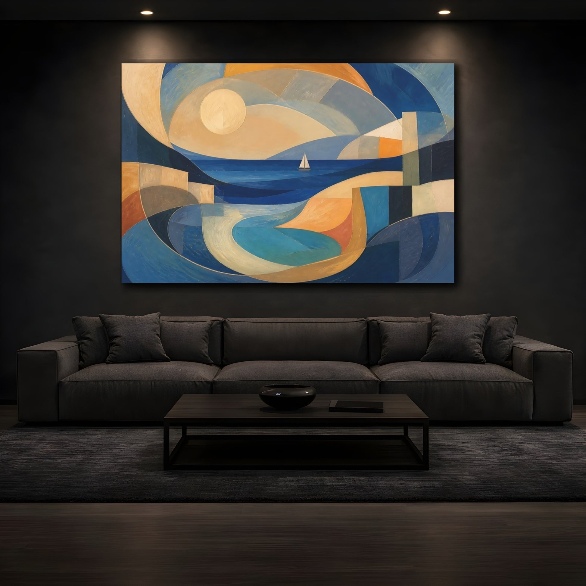Mockup 3. Modern Sailboat Seascape shown as canvas print