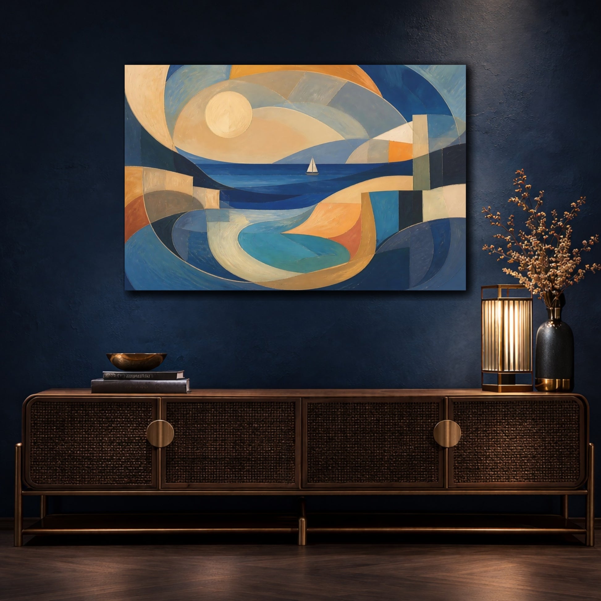 Mockup 4. Modern Sailboat Seascape shown as canvas print