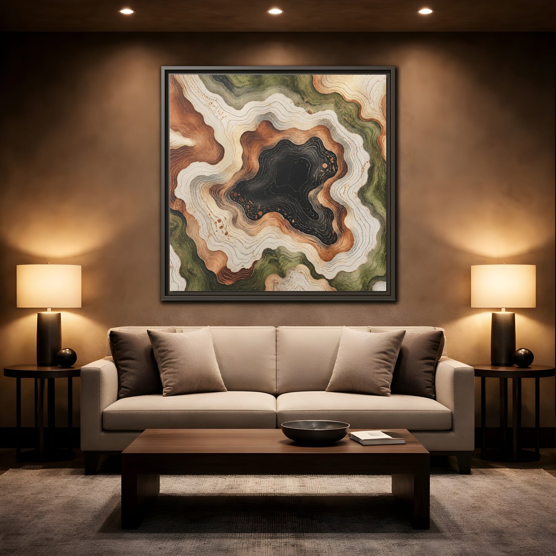 Mockup 2. Modern Topographic Basin shown as framed canvas print