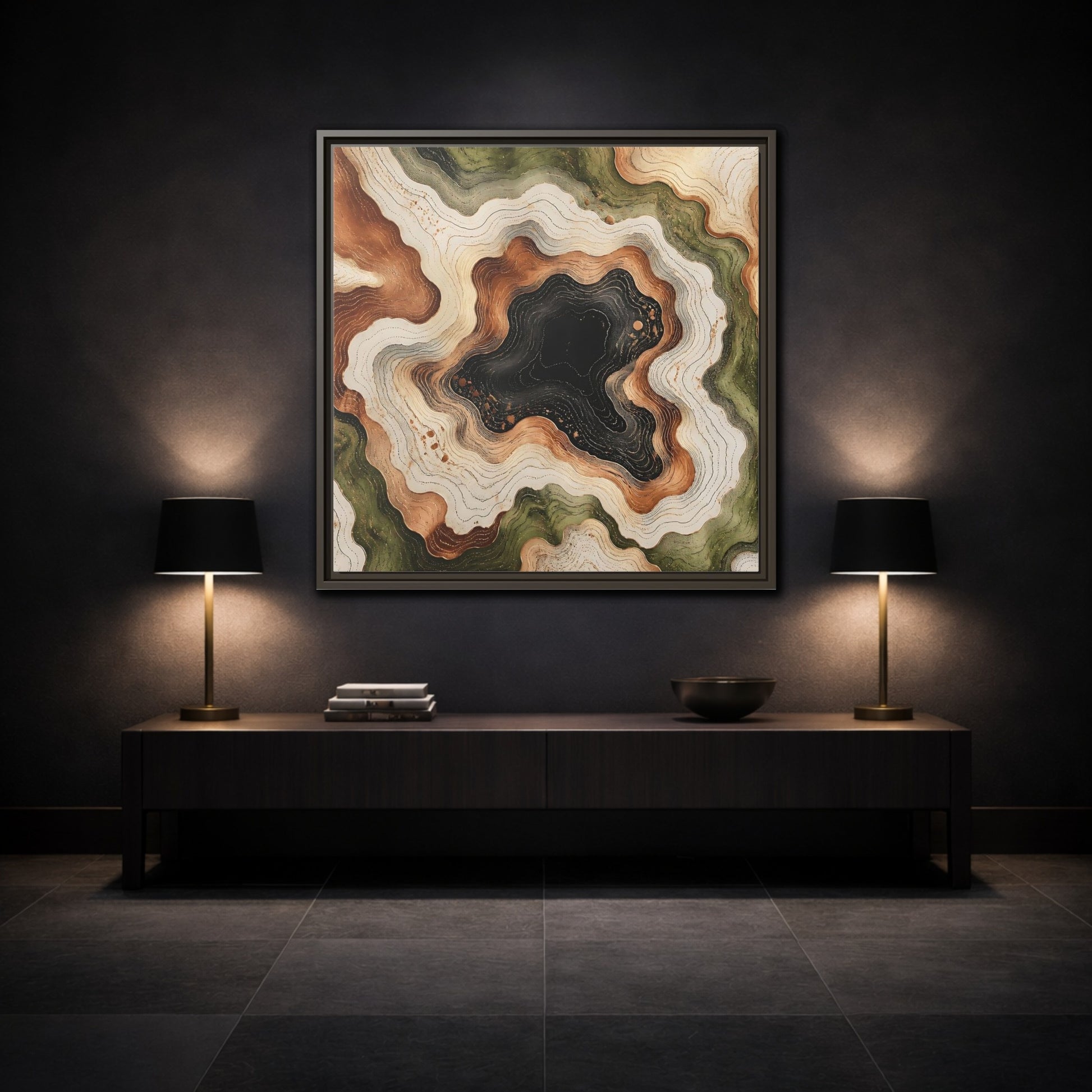 Mockup 3. Modern Topographic Basin shown as framed canvas print