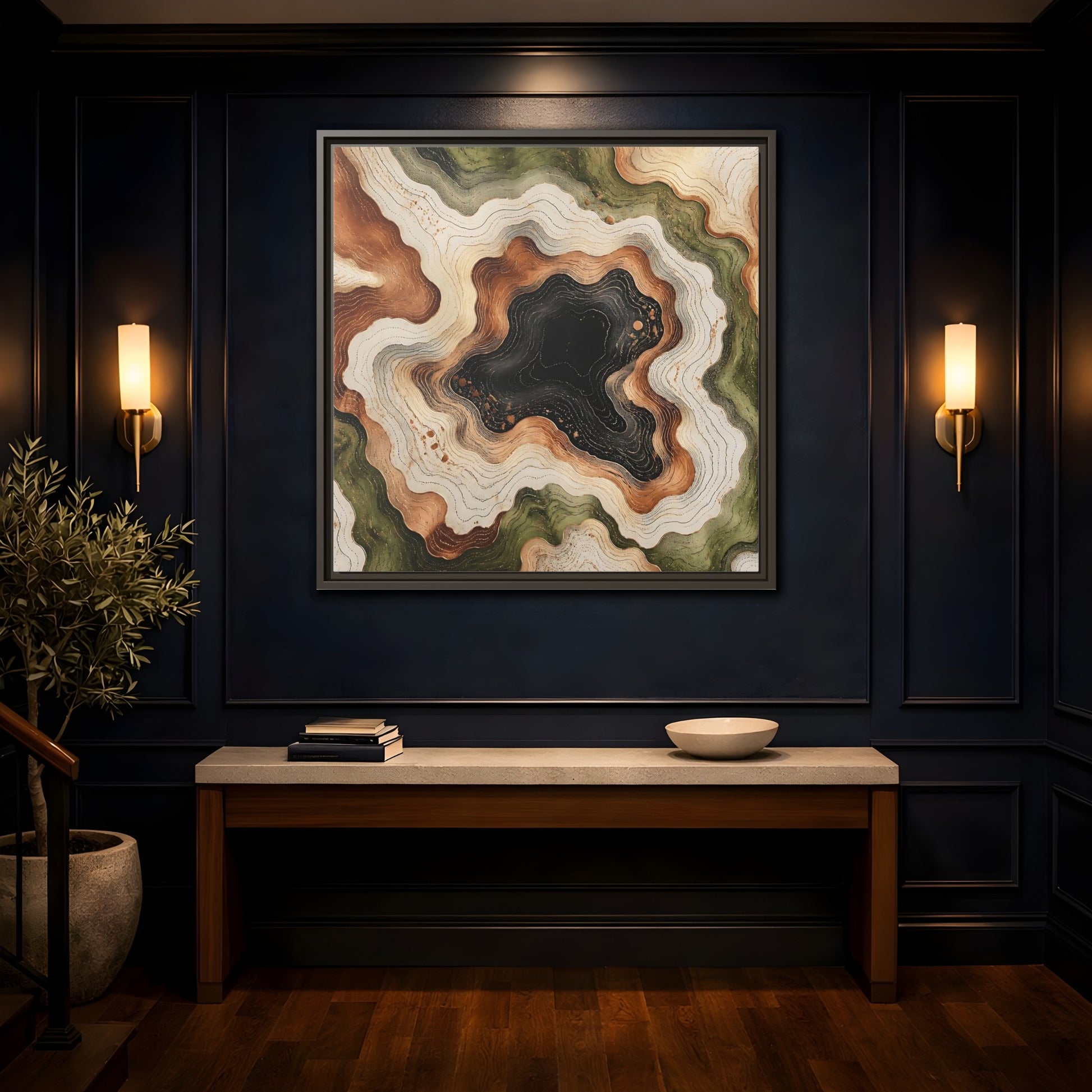 Mockup 4. Modern Topographic Basin shown as framed canvas print