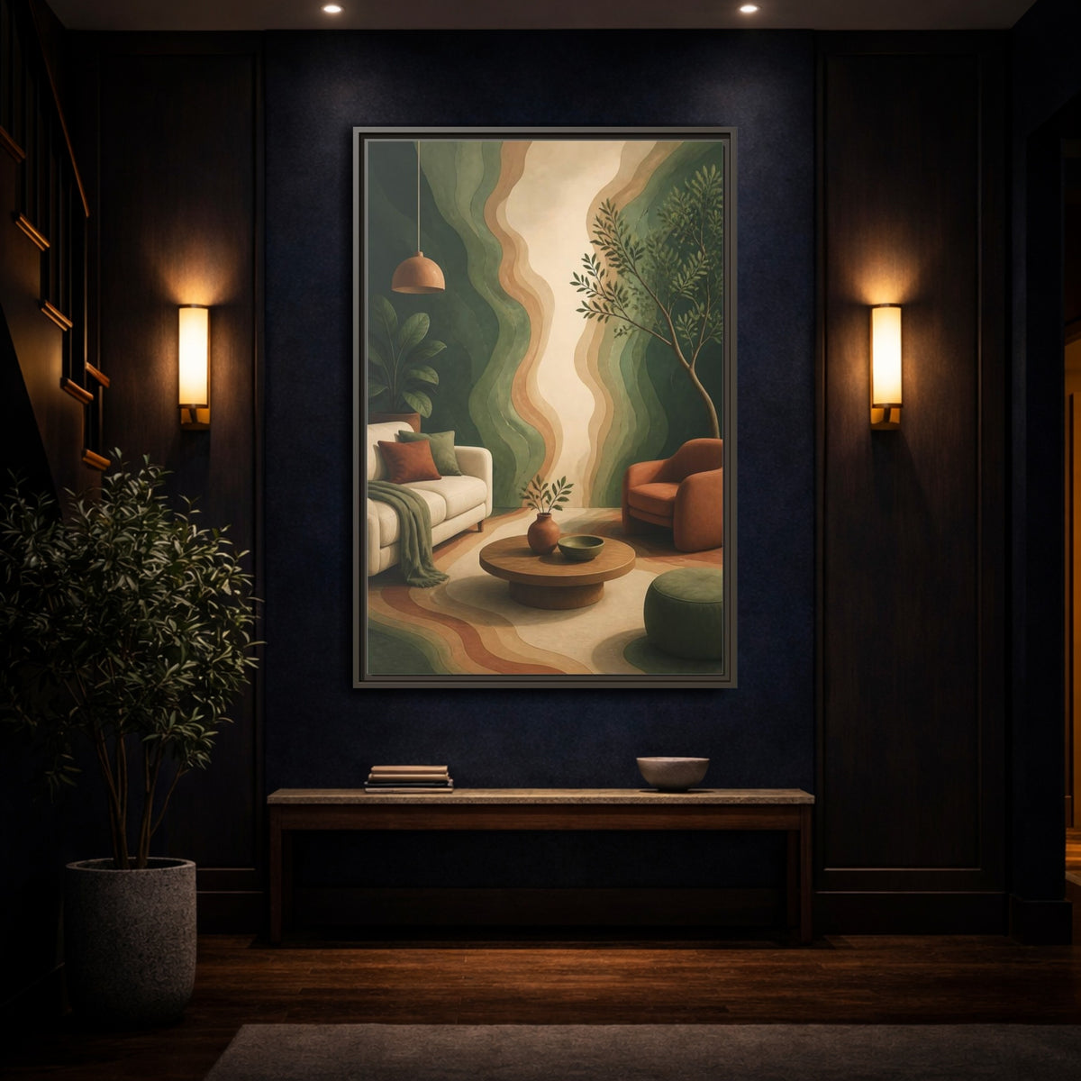 Mockup 4. Modern Topographic Rings shown as framed canvas print