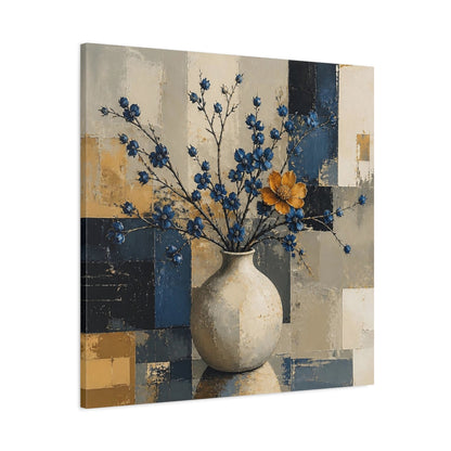 Main Mockup. Modern Vase With Blue Blossoms shown as canvas print