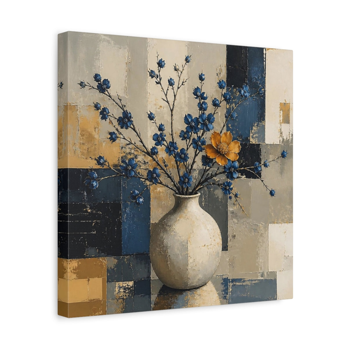 Side Mockup 7. Modern Vase With Blue Blossoms shown as canvas print