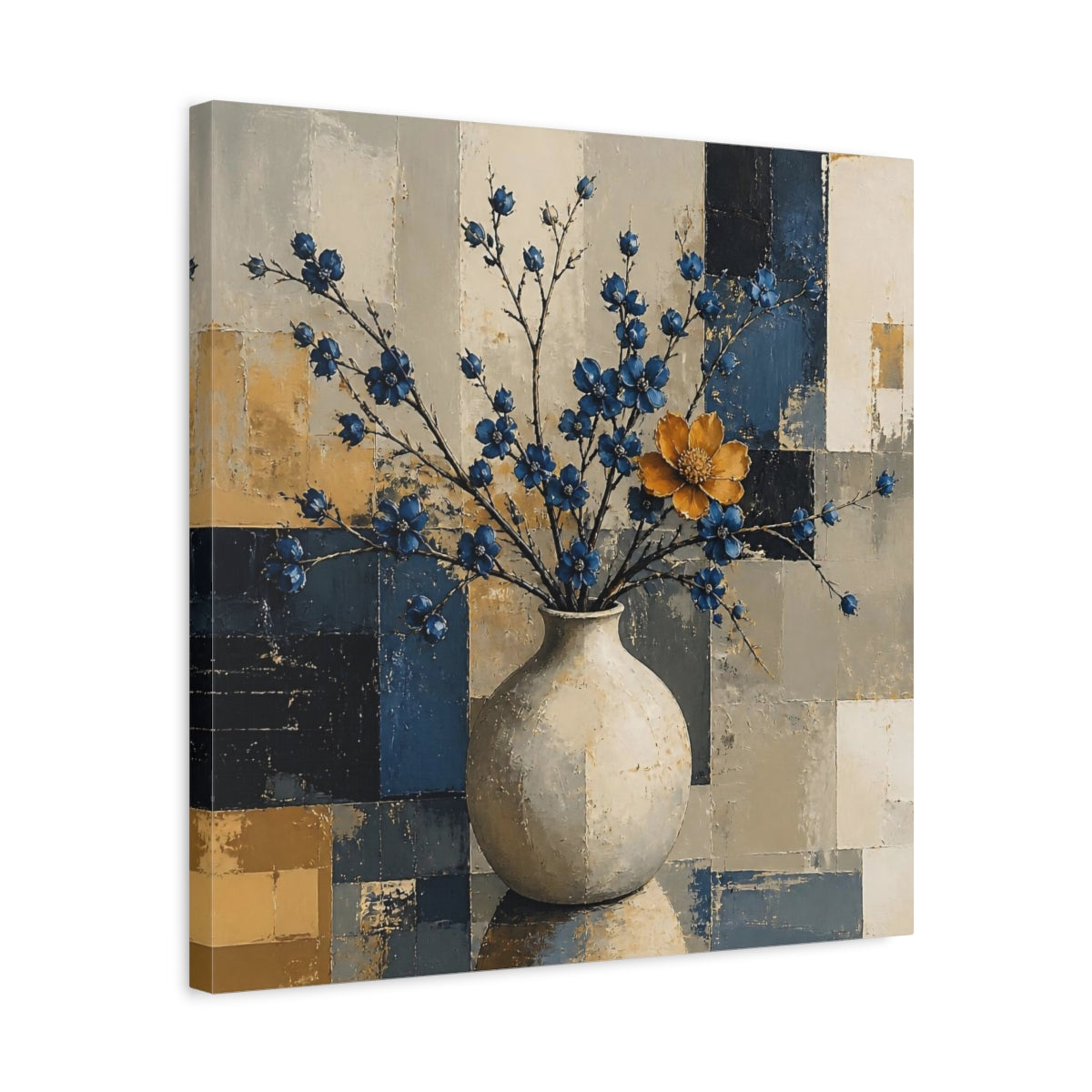 Side Mockup 5. Modern Vase With Blue Blossoms shown as canvas print