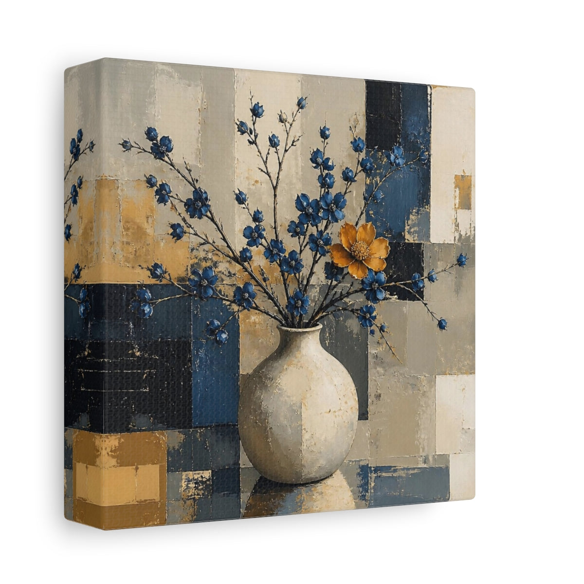 Side Mockup 2. Modern Vase With Blue Blossoms shown as canvas print