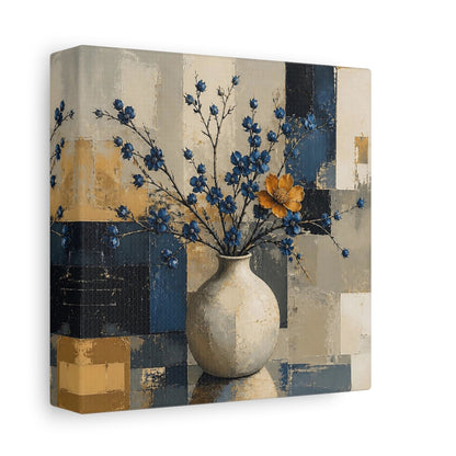 Side Mockup 2. Modern Vase With Blue Blossoms shown as canvas print
