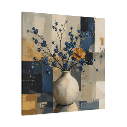 Side Mockup 1. Modern Vase With Blue Blossoms shown as canvas print