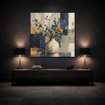 Mockup 3. Modern Vase With Blue Blossoms shown as canvas print