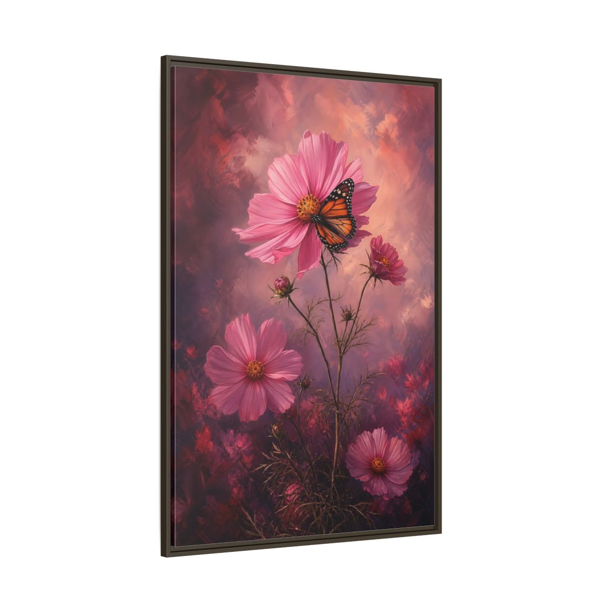Side Mockup 8. Monarch On Pink Cosmos shown as framed canvas print