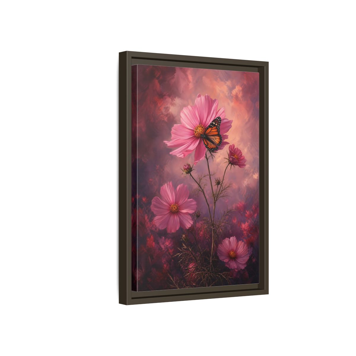 Side Mockup 5. Monarch On Pink Cosmos shown as framed canvas print
