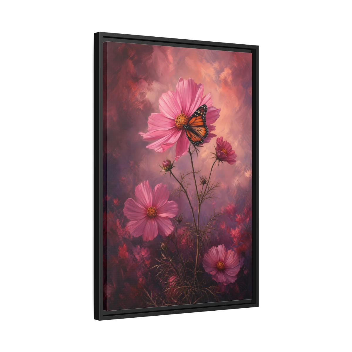 Side Mockup 14. Monarch On Pink Cosmos shown as framed canvas print