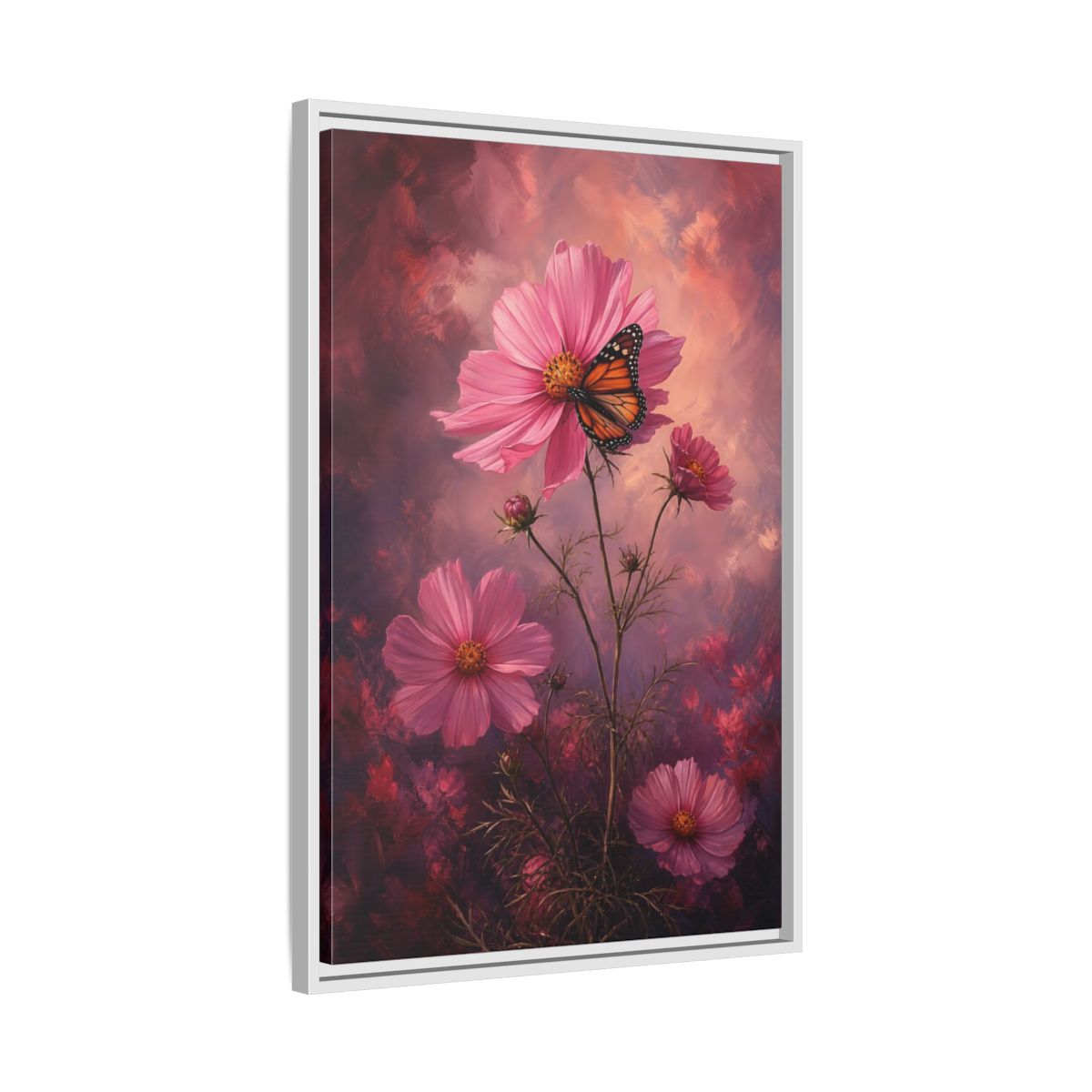 Side Mockup 10. Monarch On Pink Cosmos shown as framed canvas print
