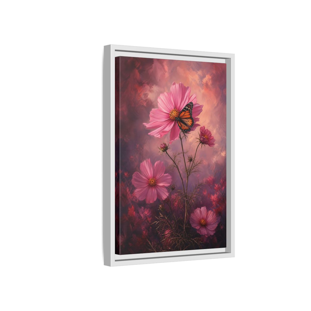 Side Mockup 4. Monarch On Pink Cosmos shown as framed canvas print
