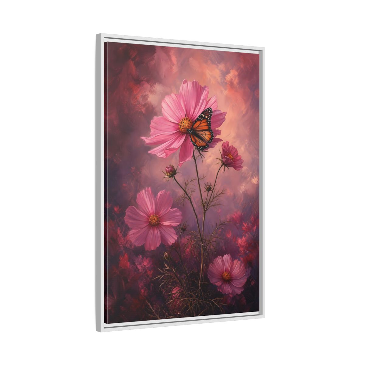 Side Mockup 9. Monarch On Pink Cosmos shown as framed canvas print