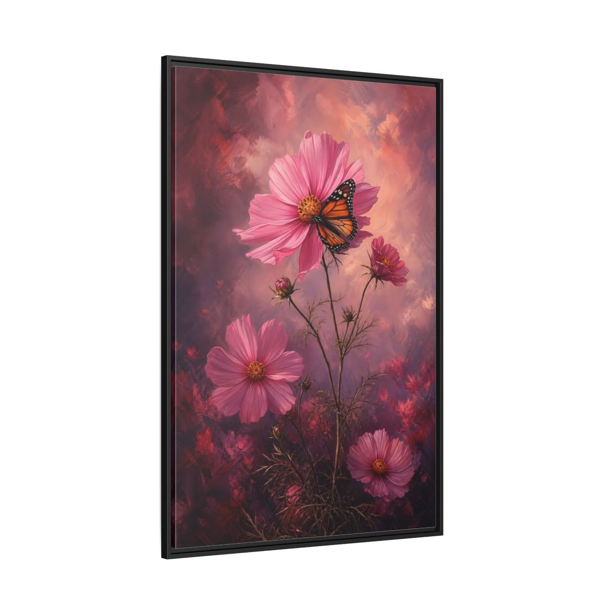 Side Mockup 12. Monarch On Pink Cosmos shown as framed canvas print
