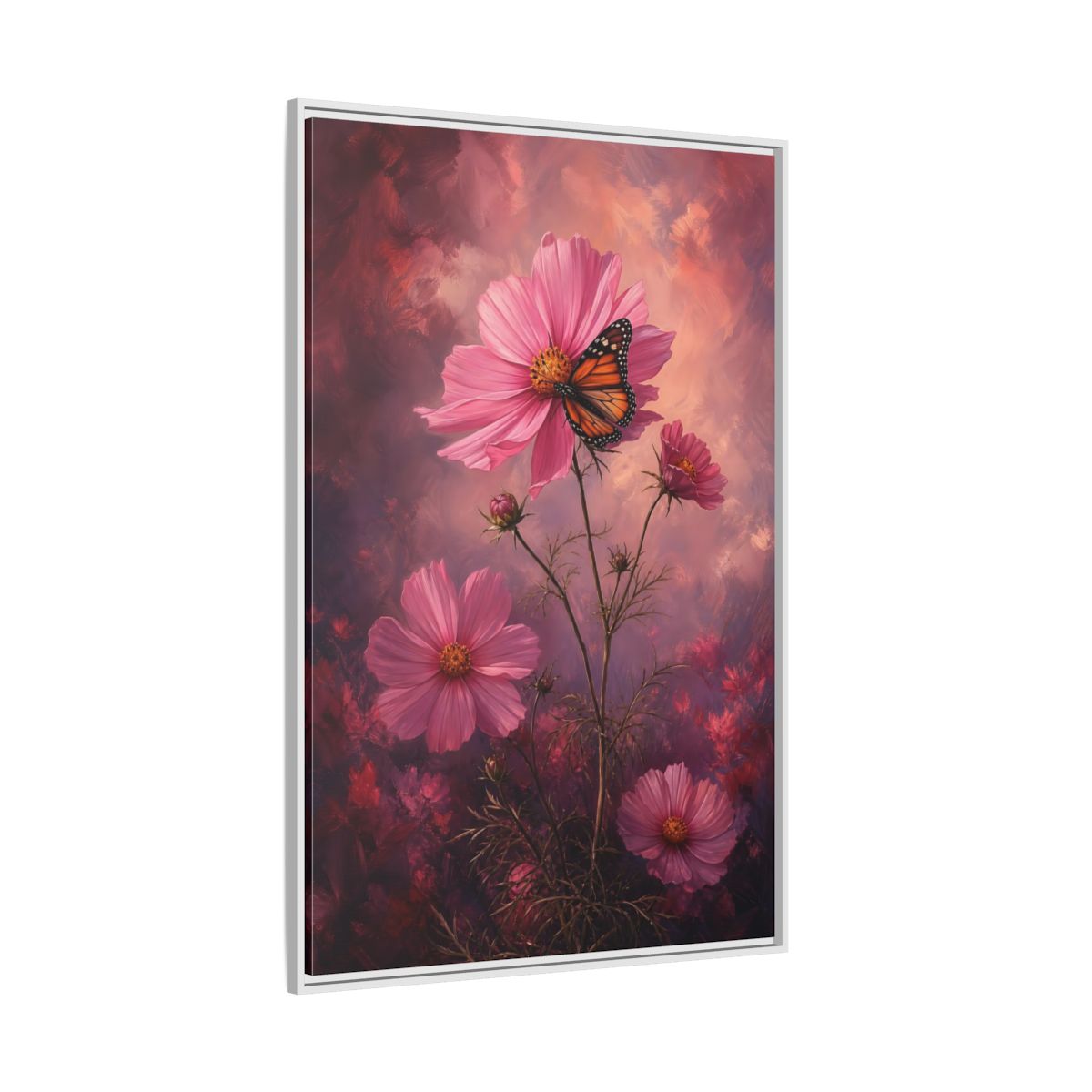 Side Mockup 7. Monarch On Pink Cosmos shown as framed canvas print
