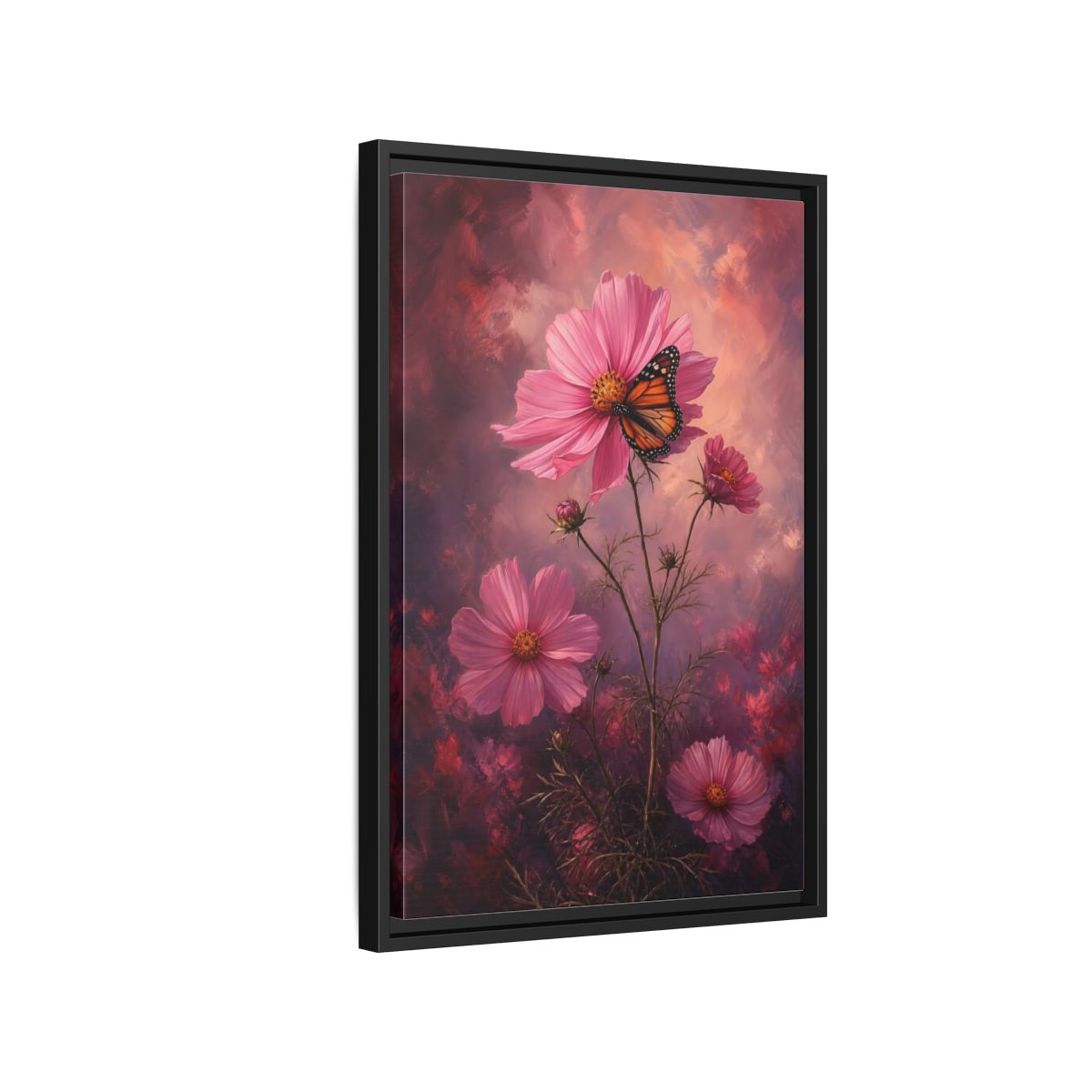Side Mockup 3. Monarch On Pink Cosmos shown as framed canvas print