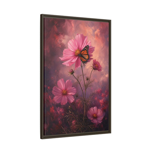 Main Mockup. Monarch On Pink Cosmos shown as framed canvas print