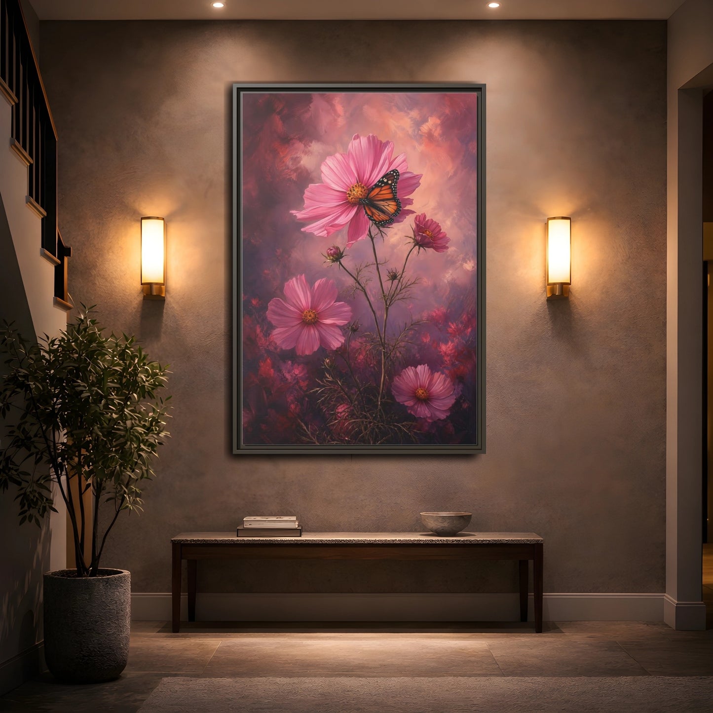 Mockup 2. Monarch On Pink Cosmos shown as framed canvas print