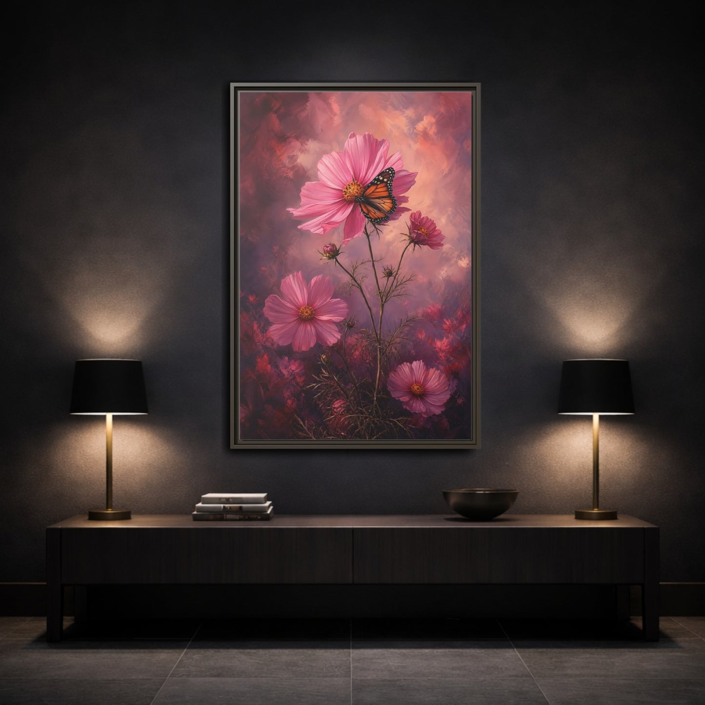 Mockup 3. Monarch On Pink Cosmos shown as framed canvas print