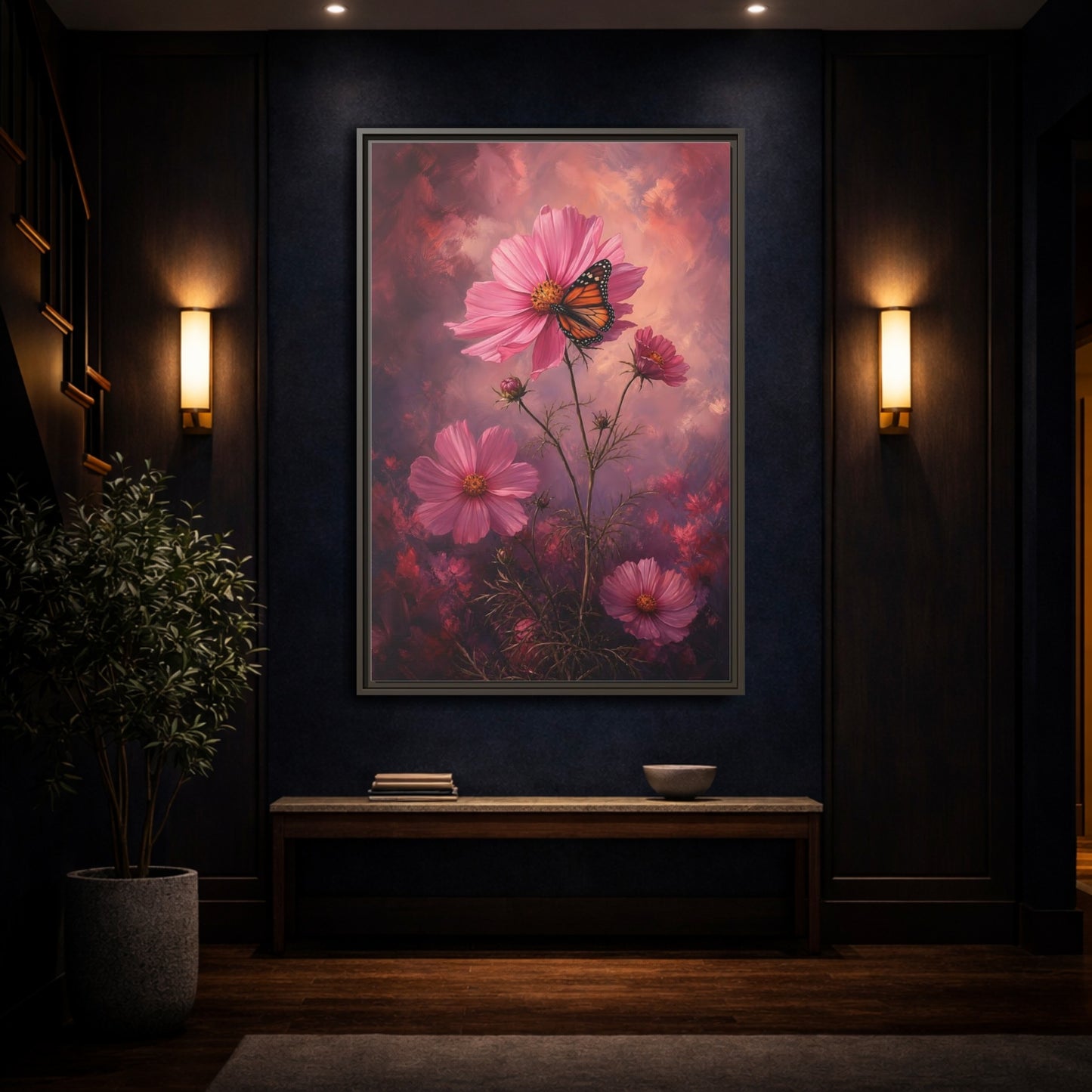 Mockup 4. Monarch On Pink Cosmos shown as framed canvas print