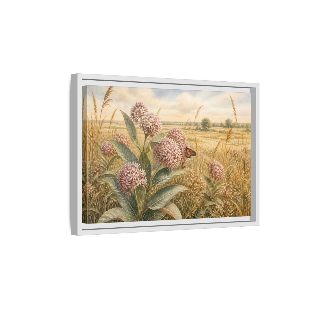 Side Mockup 4. Monarch On Prairie Milkweed shown as framed canvas print