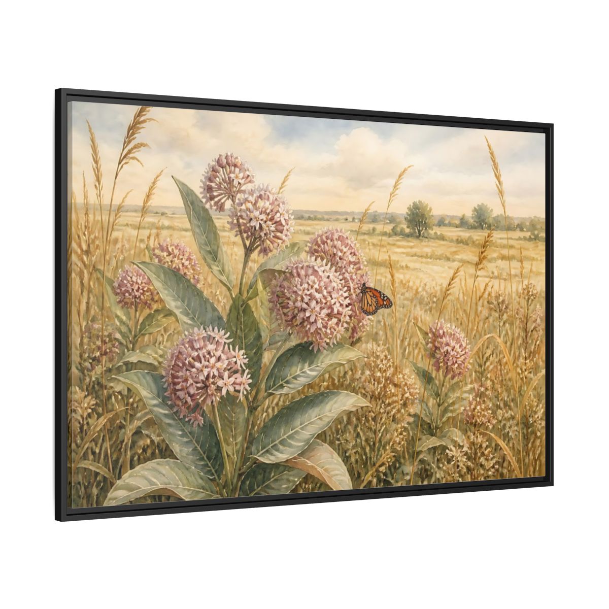 Side Mockup 12. Monarch On Prairie Milkweed shown as framed canvas print