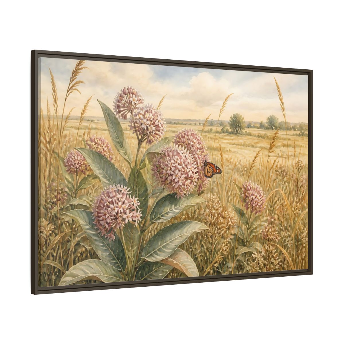 Side Mockup 8. Monarch On Prairie Milkweed shown as framed canvas print