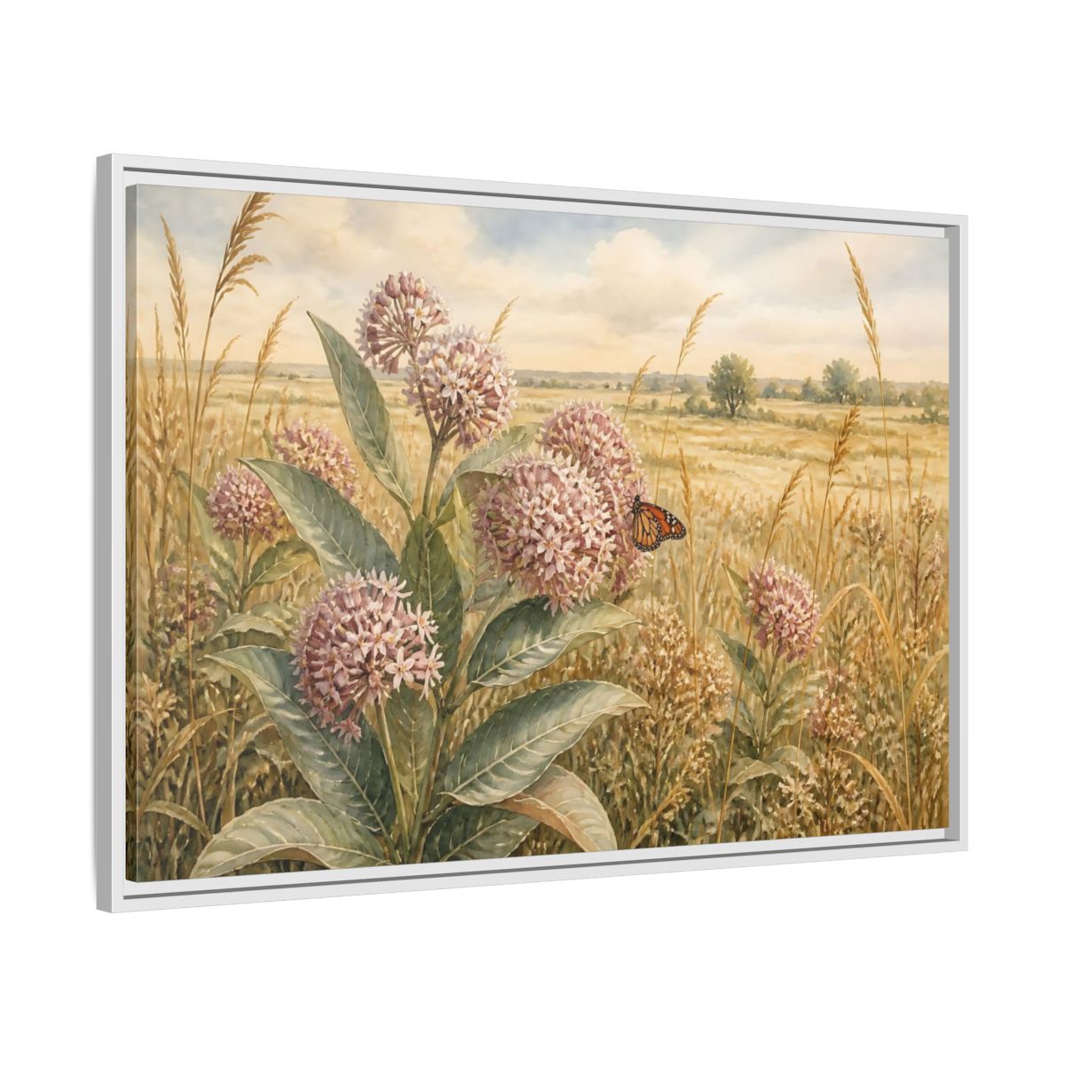 Side Mockup 9. Monarch On Prairie Milkweed shown as framed canvas print