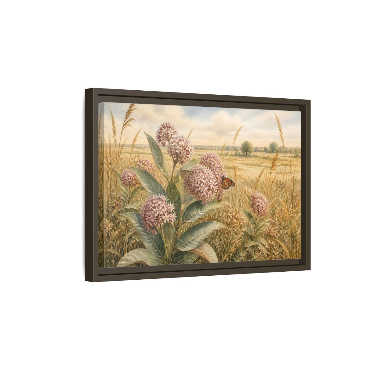 Side Mockup 5. Monarch On Prairie Milkweed shown as framed canvas print