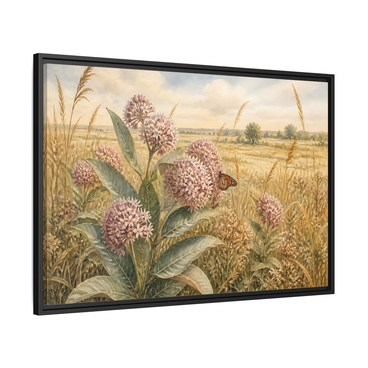 Side Mockup 13. Monarch On Prairie Milkweed shown as framed canvas print