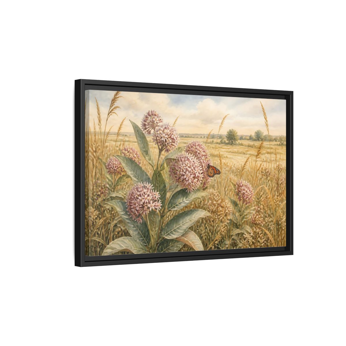 Side Mockup 3. Monarch On Prairie Milkweed shown as framed canvas print