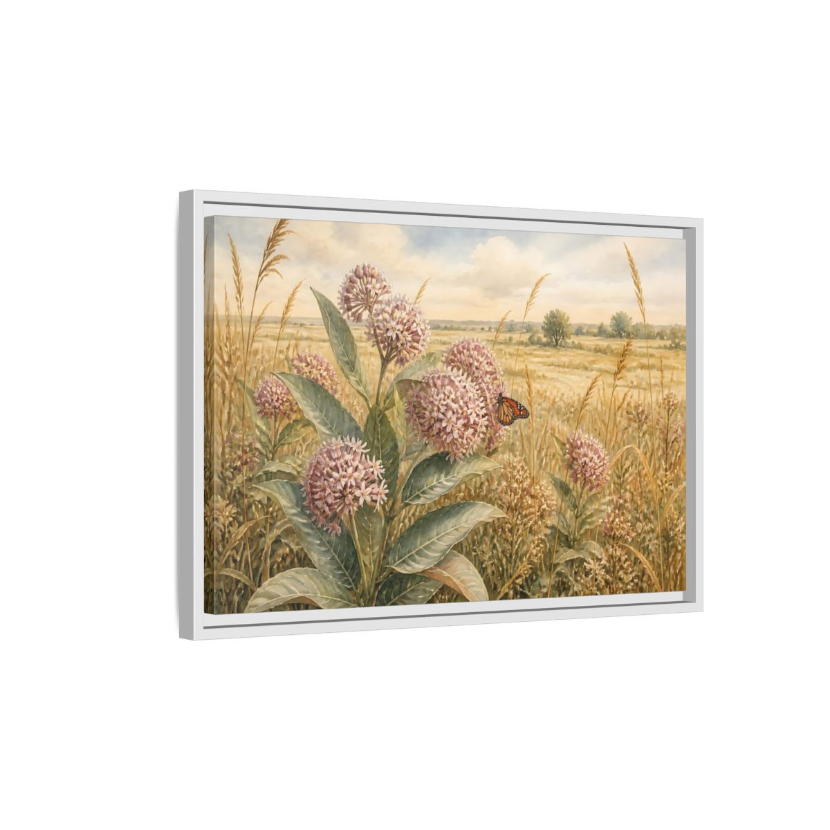 Side Mockup 1. Monarch On Prairie Milkweed shown as framed canvas print