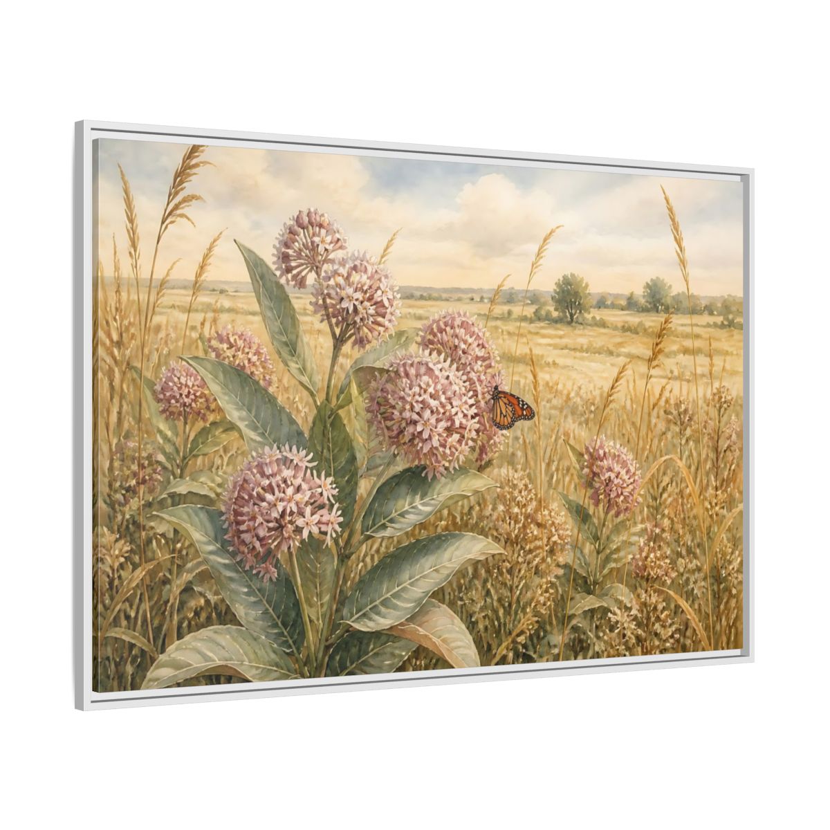 Side Mockup 7. Monarch On Prairie Milkweed shown as framed canvas print