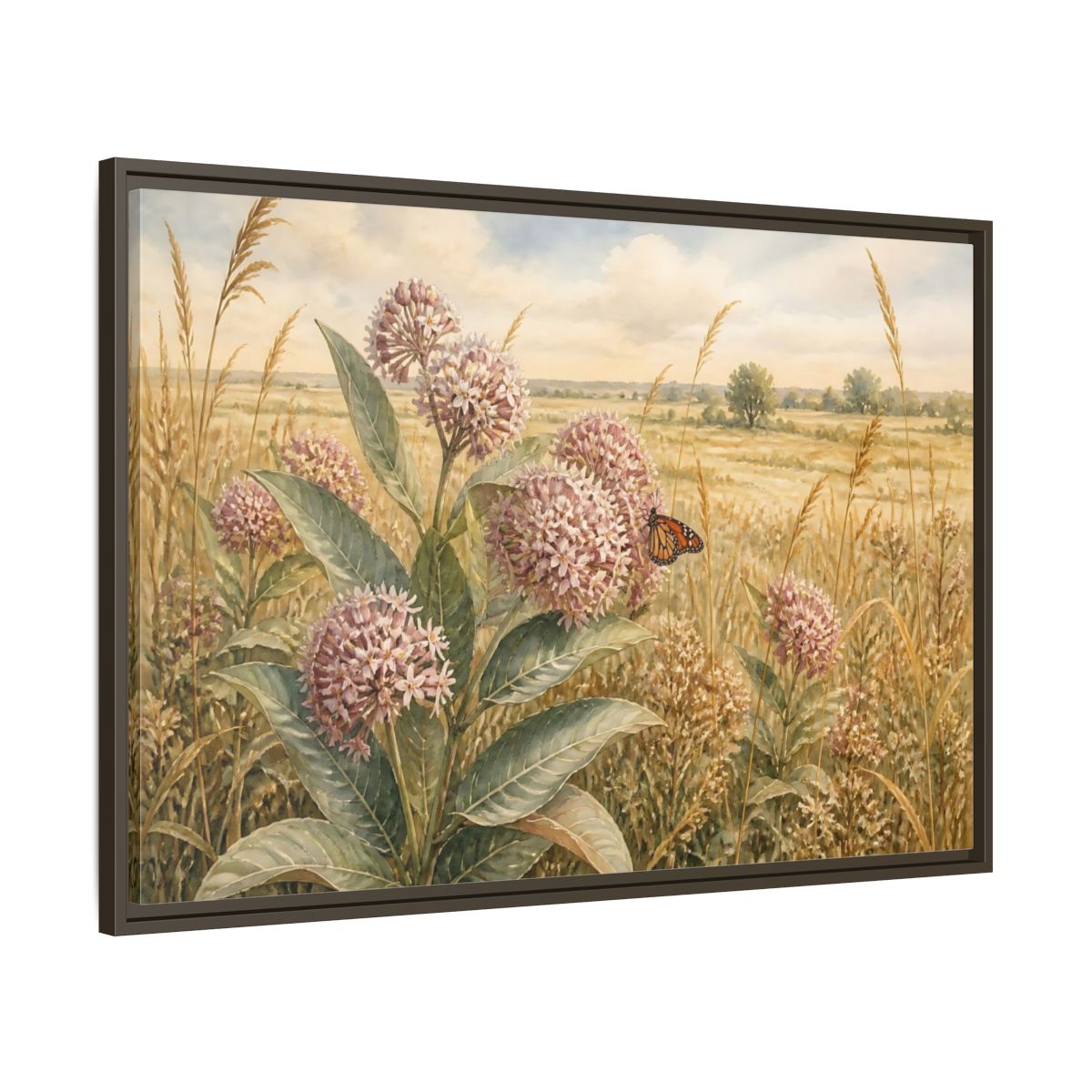 Main Mockup. Monarch On Prairie Milkweed shown as framed canvas print
