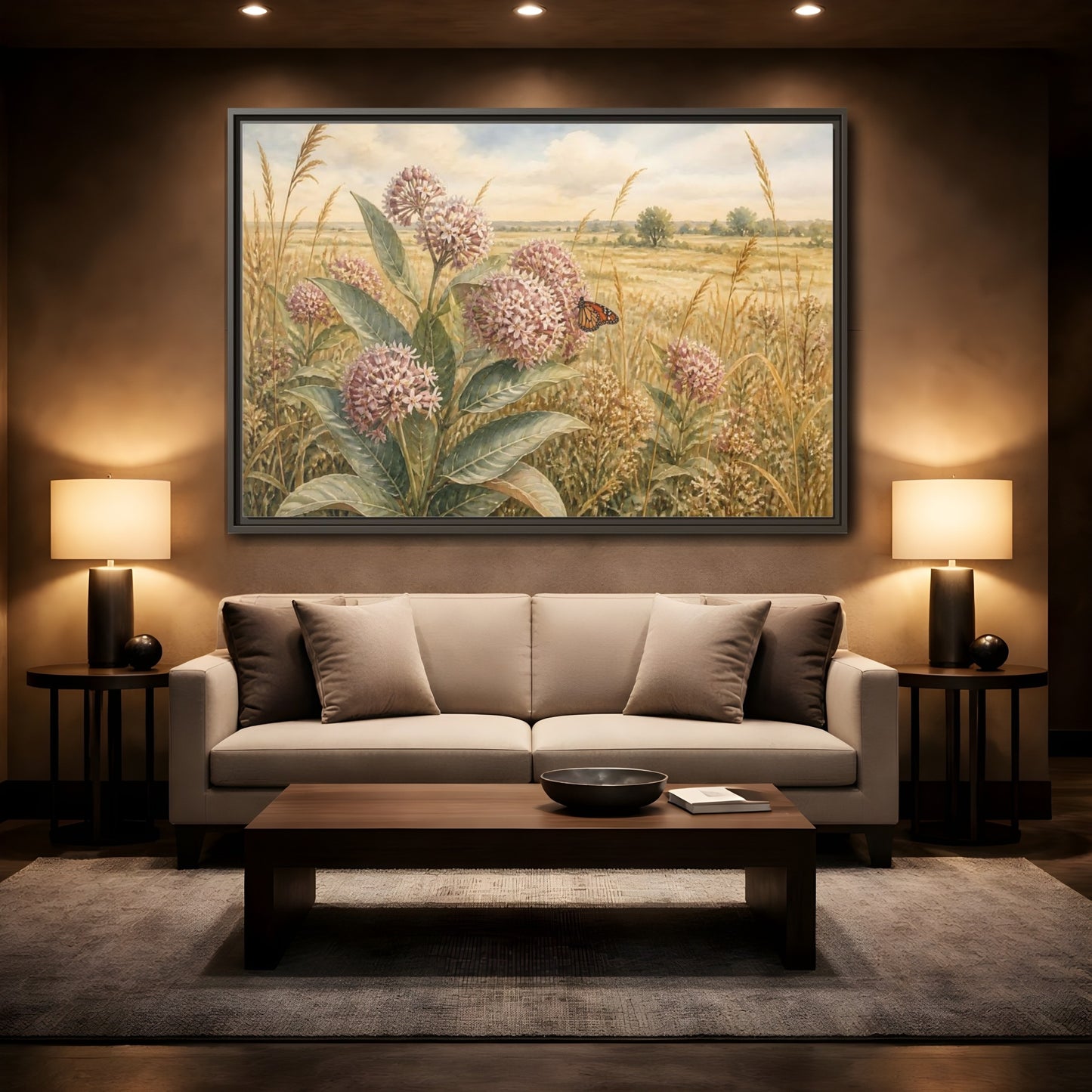 Mockup 2. Monarch On Prairie Milkweed shown as framed canvas print