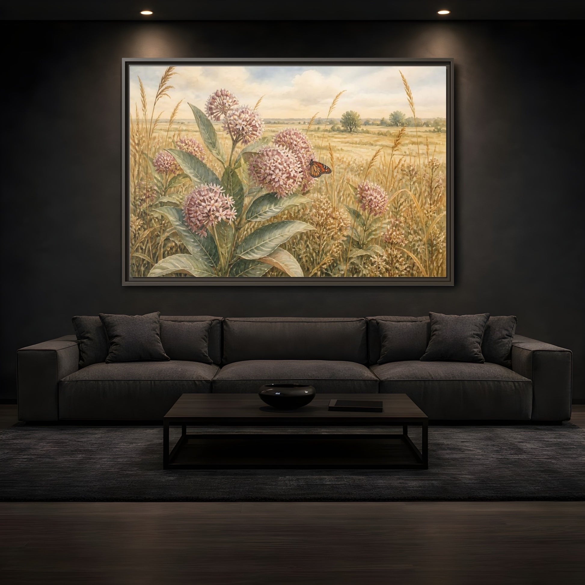 Mockup 3. Monarch On Prairie Milkweed shown as framed canvas print