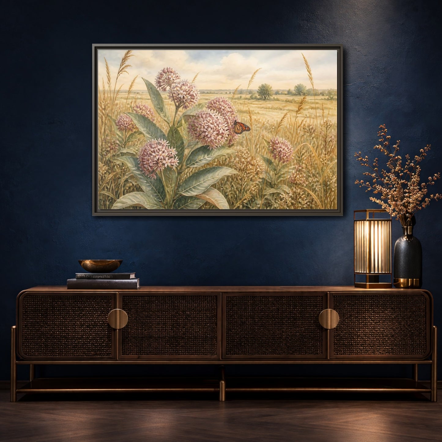 Mockup 4. Monarch On Prairie Milkweed shown as framed canvas print